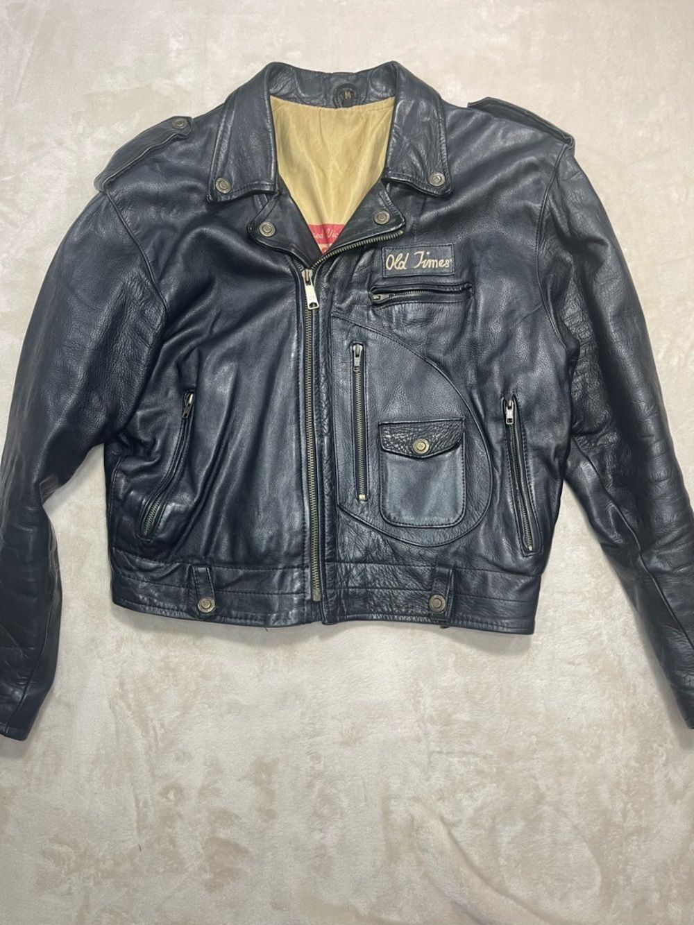 Vintage Old Times Black Leather Biker Jacket Motorcycle Coat Medium